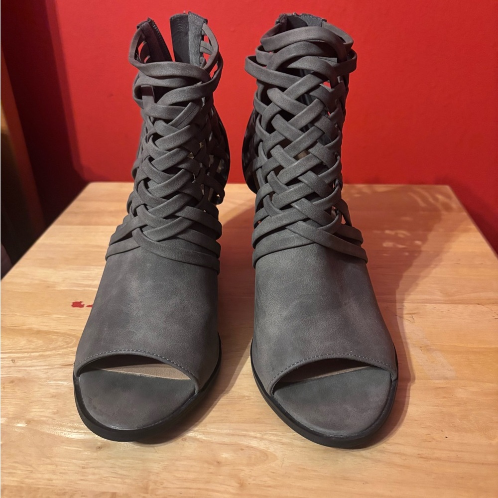 Diba Grey Suede False Strappy Open Toe Heel